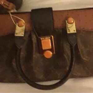 Canvas Satchel with Black Rolled Handles and Brown Trim